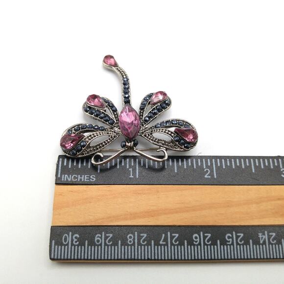 Dragonfly Pink Rhinestone Brooch, Gray Metallic Rhinestones, 1990s Vintage - Picture 3 of 10